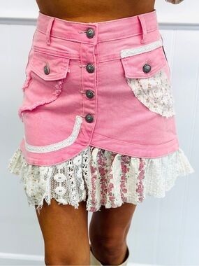 NWOT POL Pink Lace-Trim Patchwork Mini Skirt